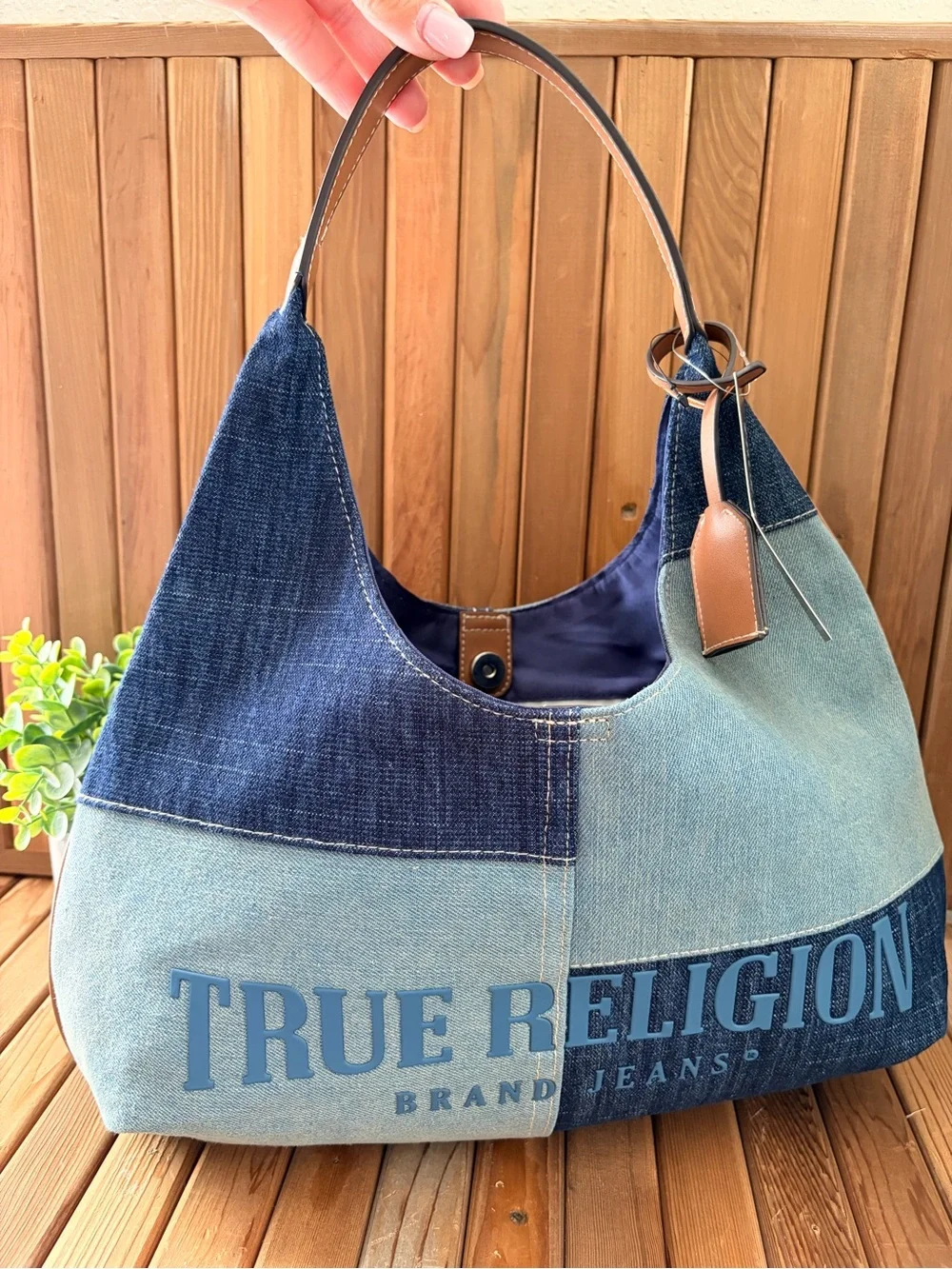 True Religion Denim Patchwork Hobo Shoulder Bag Horseshoe Charm